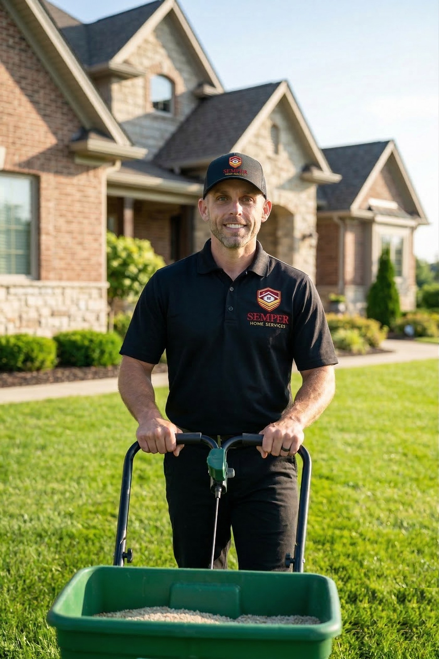 A Semper tech spreading fertilizer on a striped lawn