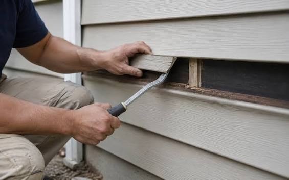 A damaged siding board being pried off the wall